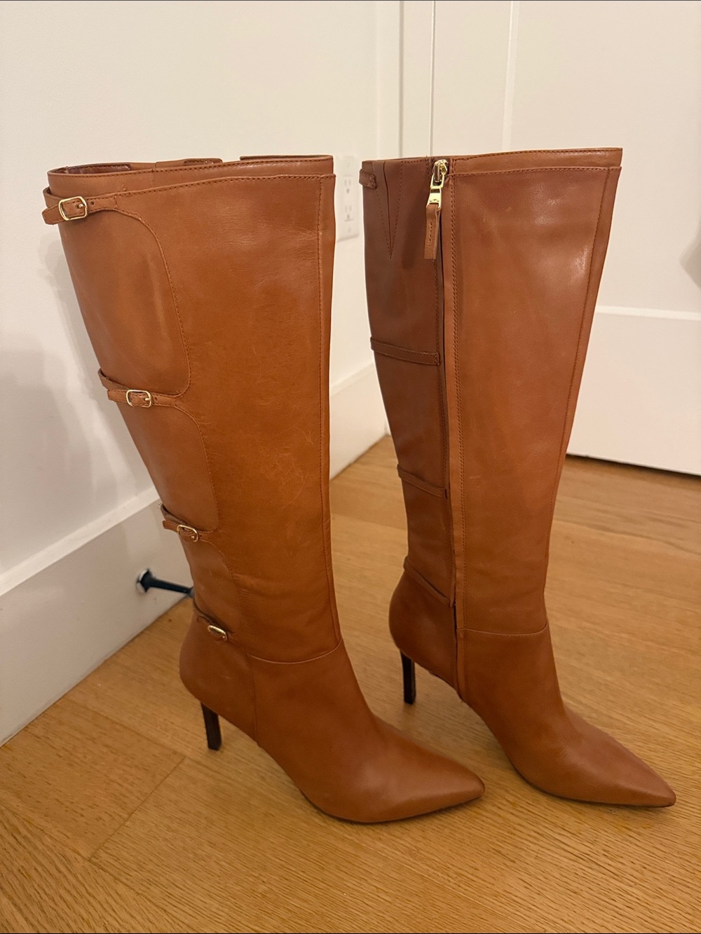 Lauren Ralph Lauren Tall Pointed-Toe Leather Heeled Boots - Cognac